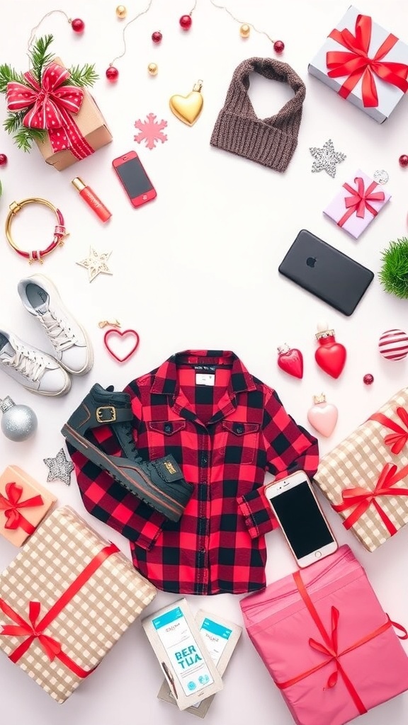 A flat lay of Christmas gift ideas for teenage girls, including clothing, accessories, beauty products, and tech gadgets.
